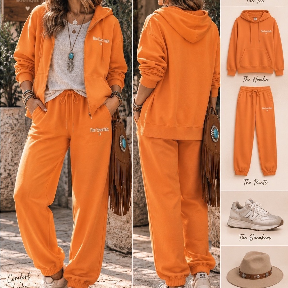 260.New Fleo Essentials Orange Essence Boyfriend Sweatpants Large NWT
